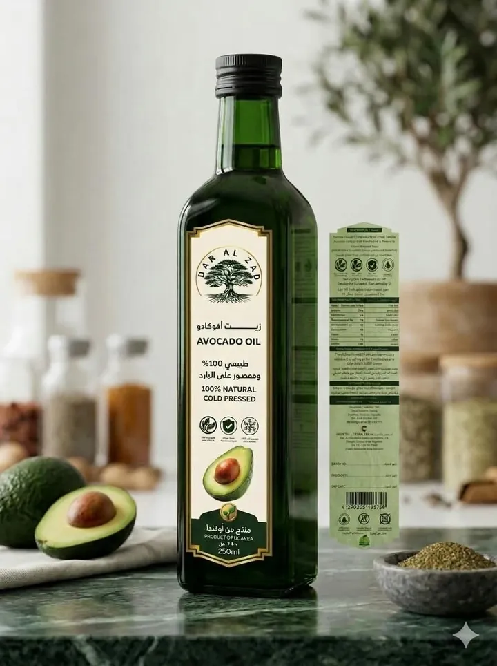 A bottle of Dar Al Zad cold pressed avocado oil on a kitchen counter next to fresh avocados